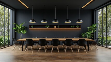 Modern dark dining room with large table and black chairs