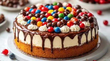 Colorful candy-covered cake with chocolate drizzle