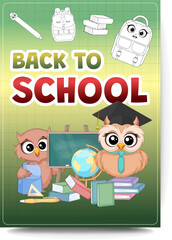 Back to school vector poster with cartoon owls and classroom supplies