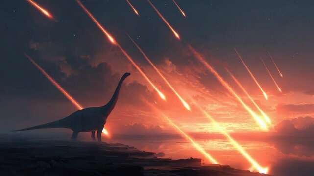 meteor rain falling from sky  to ground of prehistoric time with a long neck dinosaur looking at sky