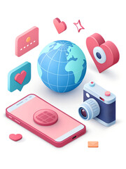 Social media icons, a globe, a smartphone, and a camera in a 3d illustration