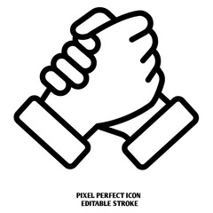 hand holding editable stroke outline icon isolated on white background flat vector illustration, black outline, Pixel perfect