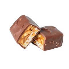 Broken chocolate bar with caramel and nuts on white background