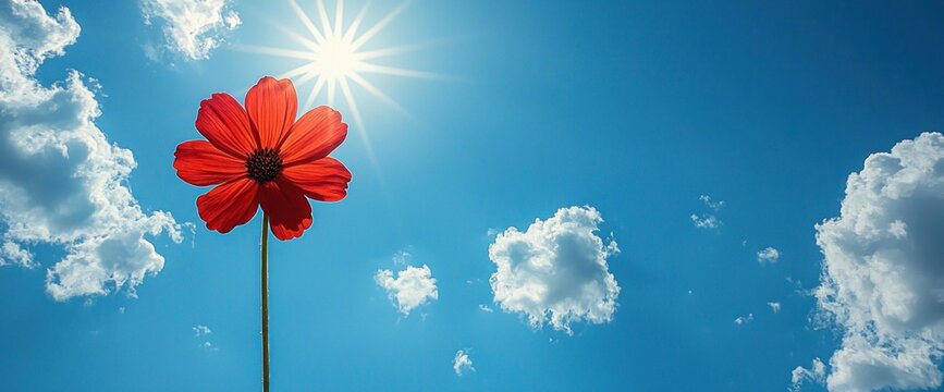 Bright red flower against a vibrant blue sky dotted with fluffy clouds and a shining sun - Powered by Adobe