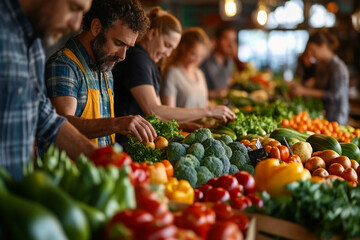 Market with local farmers selling fresh vegetables and fruits, customers sampling and choosing products