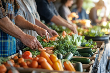 Market with local farmers selling fresh vegetables and fruits, customers sampling and choosing products