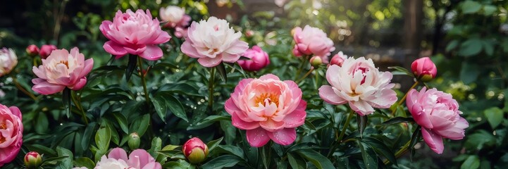 Fototapeta premium pink peonies blooming in garden with dewdrops and sunlight – suitable for nature photography, gardening, or floral wellness content