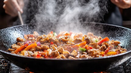 Stir-fried chicken and vegetables in wok