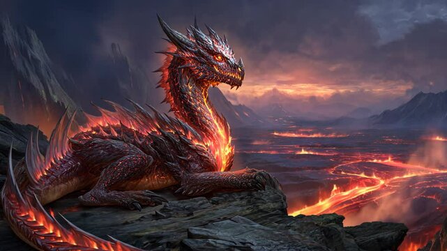 red fire dragon with fire burning scale with fire flame lava ground 