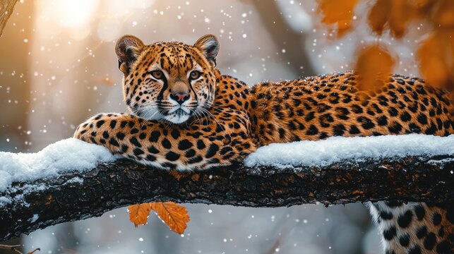Leopard resting on snowy branch, autumnal forest scene