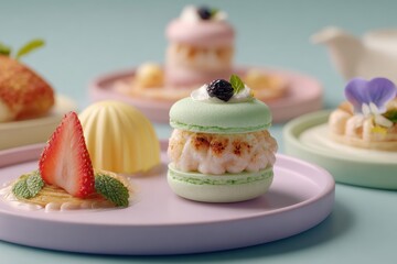 An artistic presentation of gourmet desserts on pastel plates, featuring a pistachio macaroon with blackberry and mint, showcasing delicate pastry and culinary creativity.