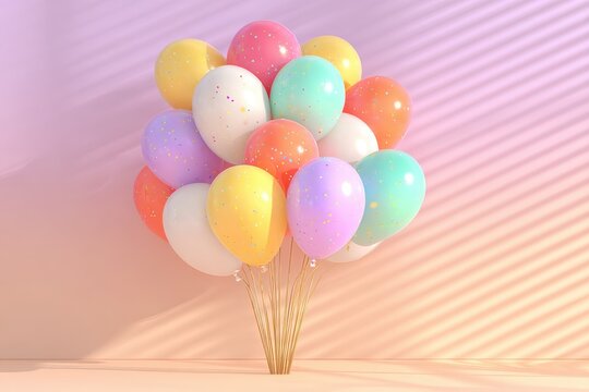 A colorful bunch of party balloons with confetti dots for celebrations and decorations, casting soft shadows on a peach pastel background creating a cheerful atmosphere.