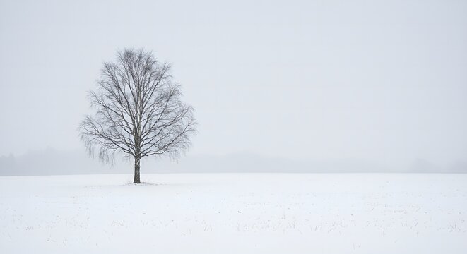 Solitary bare tree on a snowy field in winter - Powered by Adobe