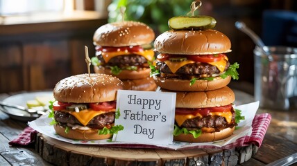 three juicy burgers with cheddar and pickles on checkered cloth for father’s day – suitable for barbecue advertising, family meals, or summer food photography
