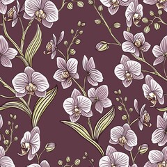 Seamless pattern with orchid, vector illustration. Perfect for background greeting cards and invitations for wedding, birthday, Valentine's Day, Mother's Day.