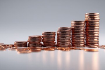 A progressive stacks of shiny new copper coins showing financial growth and increase, representing savings, investments and monetary success on neutral background.