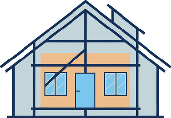 Vector illustration of a house under construction with visible framework and structural design. Ideal for architecture, renovation, or real estate concepts. Clean, modern flat style graphic.