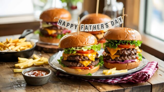 gourmet burgers with caramelized onions and fries on rustic table for father’s day – ideal for restaurant menus, food styling, or holiday marketing