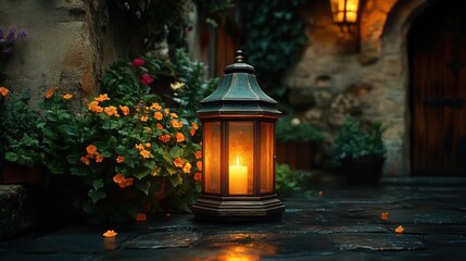 Old-world lantern, warm glow, cobblestone, flowers
