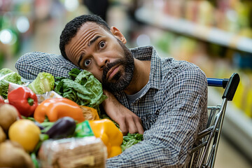 Man with a trolley full of groceries looking tired after a long shopping trip