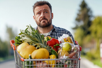 Man with a trolley full of groceries looking tired after a long shopping trip