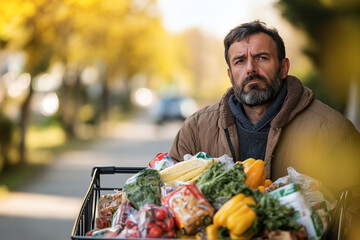 Man with a trolley full of groceries looking tired after a long shopping trip