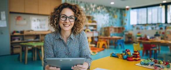 The smiling teacher using a tablet in a vibrant classroom setting.
