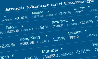 Obraz premium Trading board, stock market and exchange data. Investment, volatile, finanical markets, risk, business. 3D illustration.