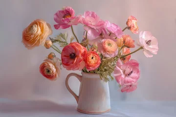 A charming bouquet of Ranunculus flowers in shades of pink and orange, arranged in a vintage ceramic pitcher, creating a soft, romantic, and elegant floral still life.