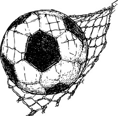 soccer football ball in goal net sketch engraving vector illustration. Scratch board imitation. Black and white hand drawn image.
