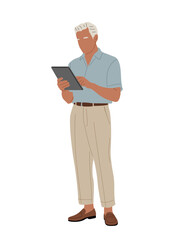 Elderly man in smart casual summer outfit using digital tablet. Vector illustration of senior male character standing and browsing device, isolated on transparent background.