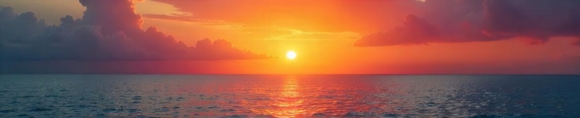 Fototapeta premium A vibrant sunrise over a calm ocean, radiating warmth and joy, perfect for expressing positive feelings and happiness , serene, joyful