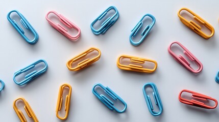 Colorful paperclips scattered on a light gray background