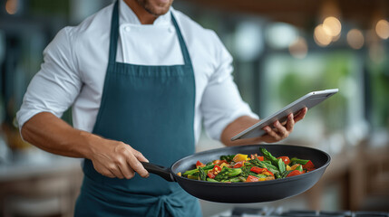 Man reads recipe on tablet while cooking vibrant vegetables in modern kitchen. Bright daylight setting creates inviting atmosphere. Concept of culinary arts, food preparation, healthy eating
