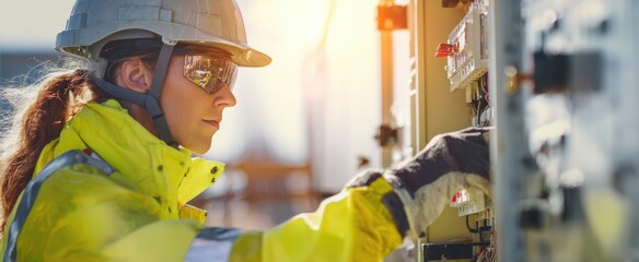 The female engineer operating electrical equipment in bright outdoor conditions.