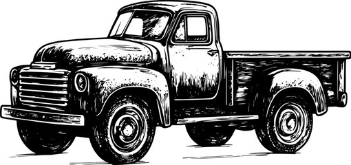 Vintage farm truck car sketch engraving raster illustration. T-shirt apparel print design. Scratch board imitation. Black and white hand drawn image.