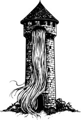 Rapunzel fairy tale long hair hanging from the tower sketch engraving vector illustration. T-shirt apparel print design. Scratch board imitation. Black and white hand drawn image.