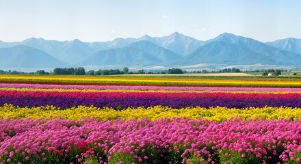 Picturesque flower field with vibrant rows and mountain backdrop under a clear sky