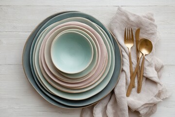 Elegant Table Setting with Pastel Ceramic Plates and Golden Cutlery on White Wood, perfect for a sophisticated dinner party or a stylish restaurant menu showcase.