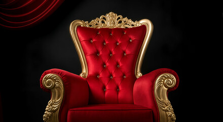 Ornate Red and Gold Throne with Velvet Curtains in a Dark Studio