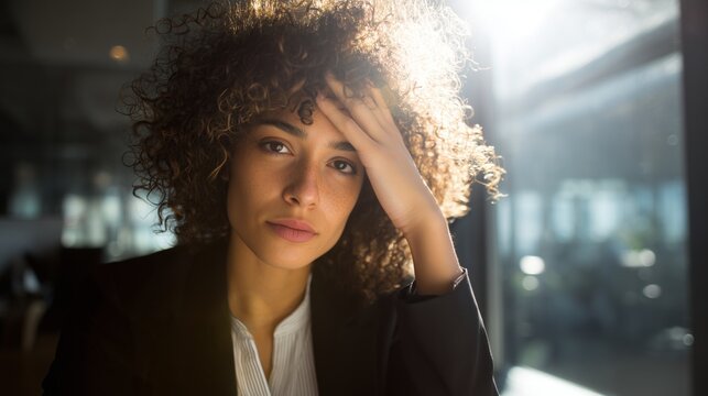 Stressed businesswoman touching her forehead looking concerned with sunlight streaming in from behind