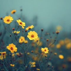 Yellow wildflowers bloom abundantly in a serene landscape during the early morning light
