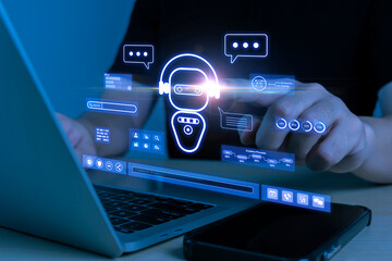 online chatbot customer service. customer chat on laptop computer with holographic AI technology icon, artificial intelligence, data analysis, digital innovation, future technology trends concept