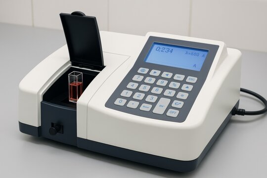 Close-up of a digital spectrophotometer with a cuvette containing red liquid, used in chemical and medical laboratories for sample analysis.