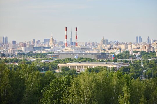 Moscow, Russia. - May 29, 2025: View of skyscrapers and buildings in the center of Moscow from Vorobyovy goda