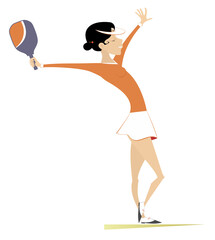 Smiling woman playing pickleball. Cheerfulness girl holds pickleball racket. White background	