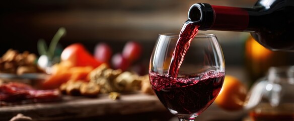 The elegant pouring of red wine into a glass amidst gourmet appetizers.