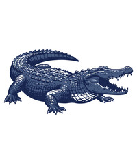 A fierce alligator illustration in navy blue, showcasing its powerful jaws and detailed scales
