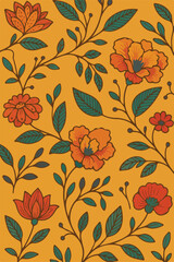 A seamless floral pattern featuring radiant orange blooms, teal leaves, and dark berry accents on a warm ochre background, evoking timeless elegance.