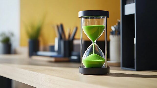 An hourglass with vibrant green sand flowing slowly placed on a modern wooden desk with a minimalistic design